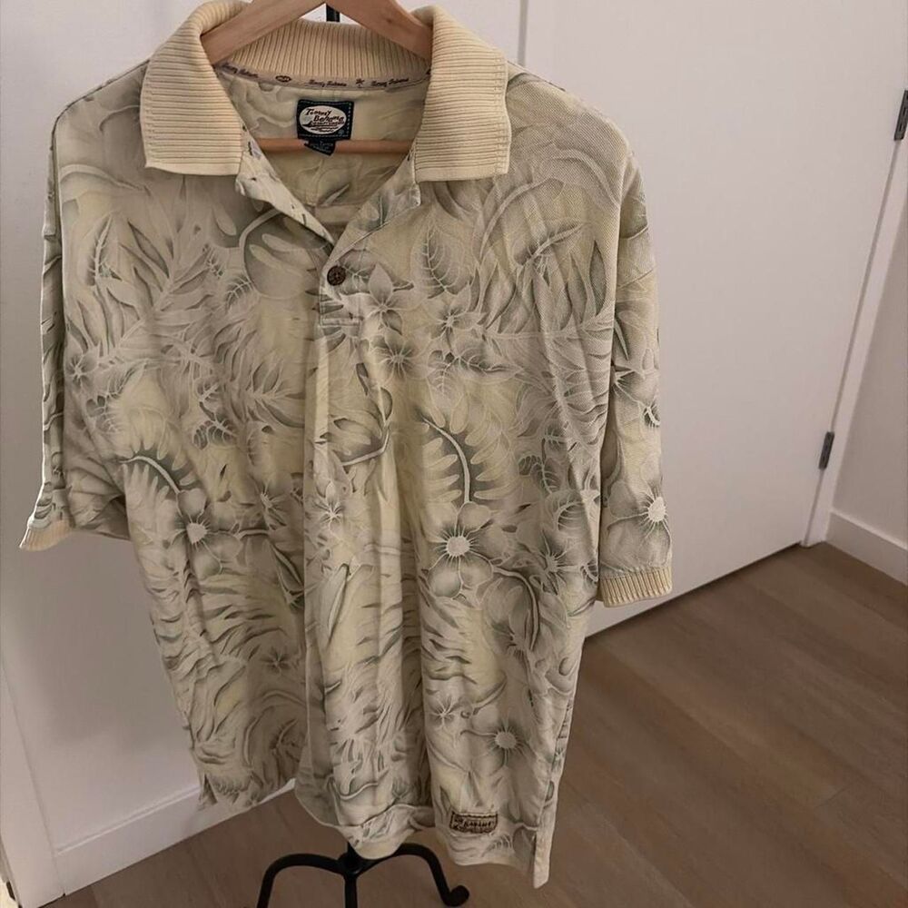 Tommy Bahama Men's Large Cotton Polo Shirt Cream Beige Tropical Floral Print